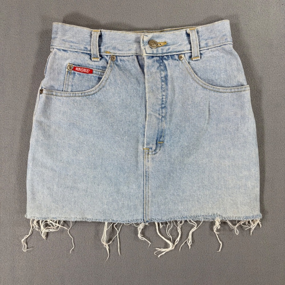 Angels Denim Mini Skirt Women 25 Light Wash Excellent Raw Hem Y2K 90s Grunge